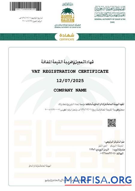 Printable Saudi Arabia VAT registration certificate Word and PDF template, version 2